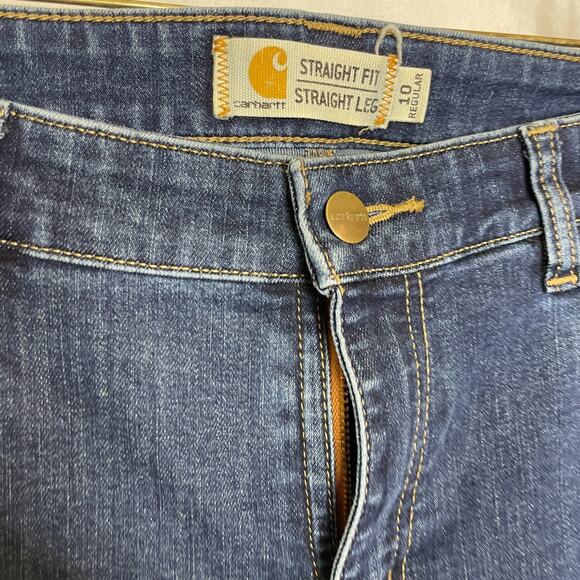 Women's 10 Carhartt Straight Leg Double Knee Dark Wash Cotton Blend Jeans - Picture 3 of 6